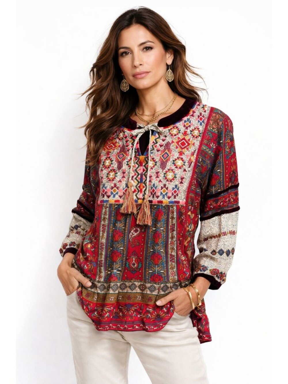 John Mark Boho Artsy Multicolor Floral Patchwork Mix Print Blouse S Velvet